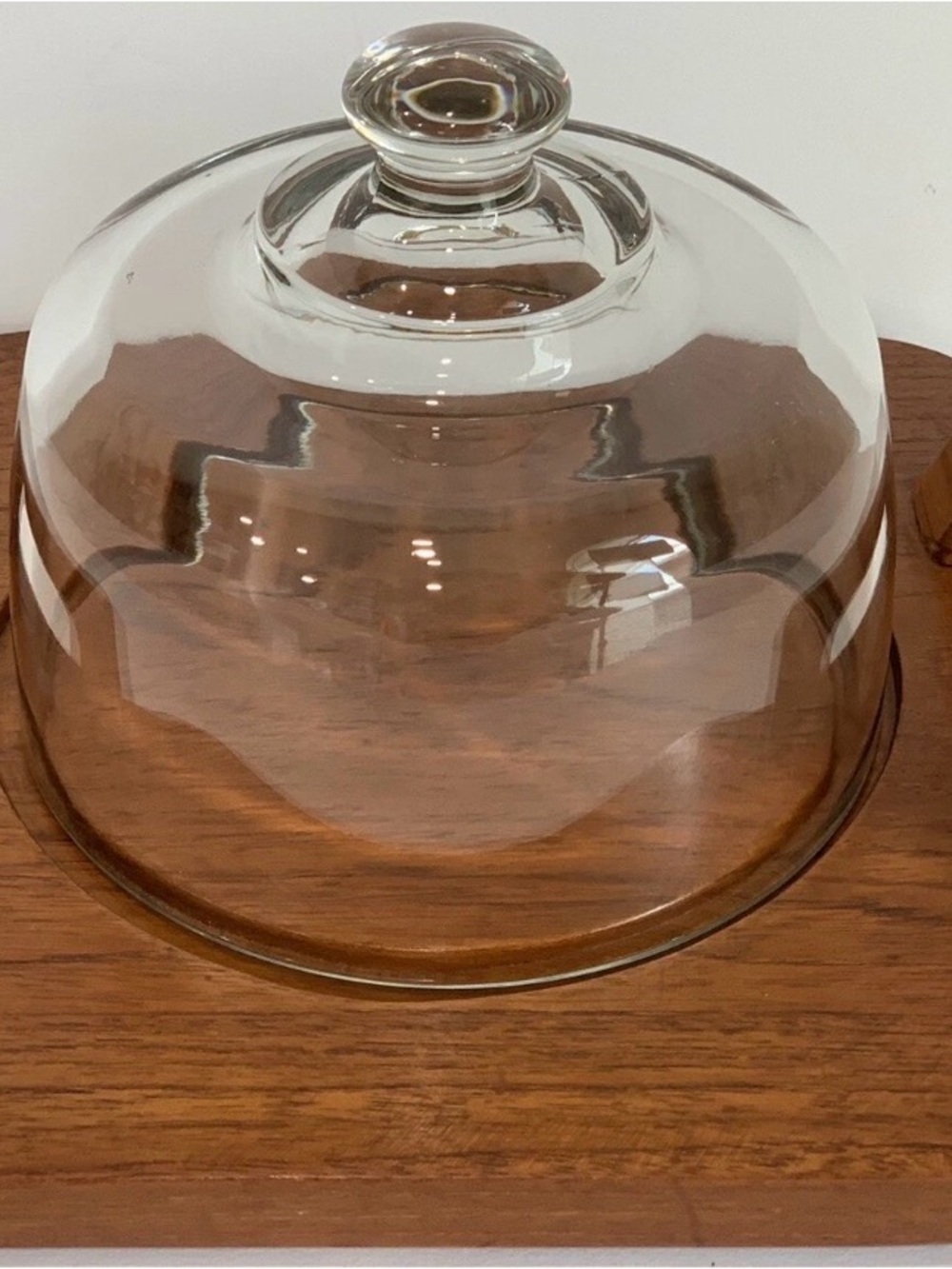 Vintage Teakwood Cheese Board Round Glass Bell Dome Cheese Server By Dolphin